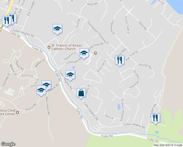 map of restaurants, bars, coffee shops, grocery stores, and more near 18945 Barnette Circle in Triangle