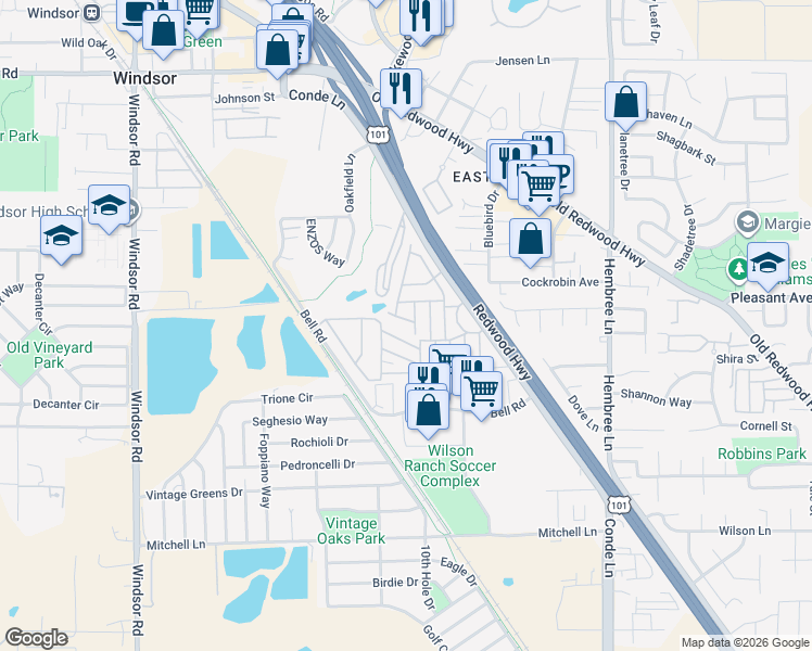 map of restaurants, bars, coffee shops, grocery stores, and more near 8128 C Street in Windsor
