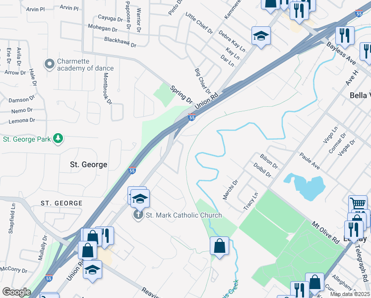 map of restaurants, bars, coffee shops, grocery stores, and more near 1446 Friar Tuck Lane in St. Louis
