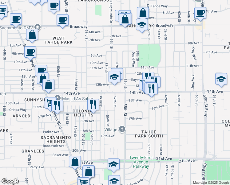 map of restaurants, bars, coffee shops, grocery stores, and more near 14th Avenue & 57th Street in Sacramento