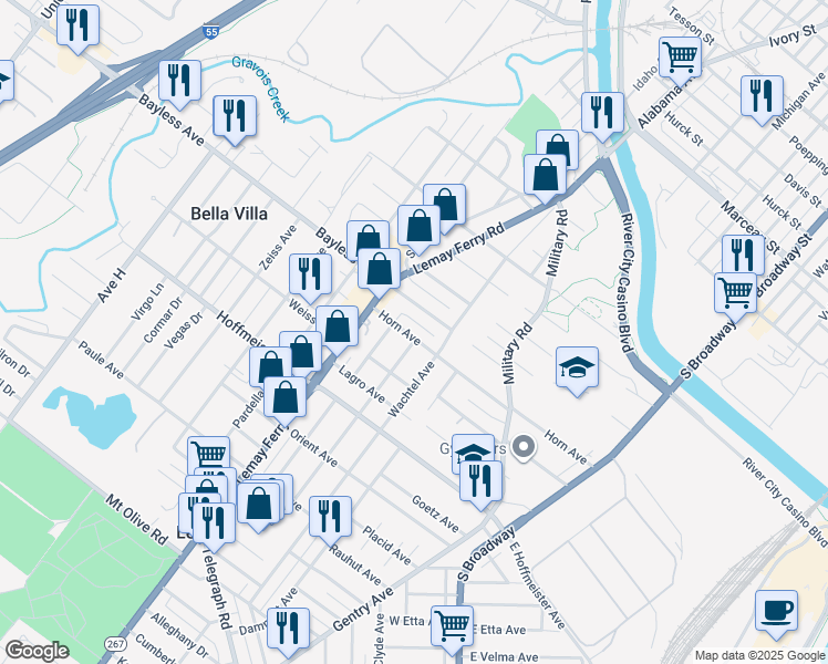 map of restaurants, bars, coffee shops, grocery stores, and more near 705 Horn Avenue in St. Louis