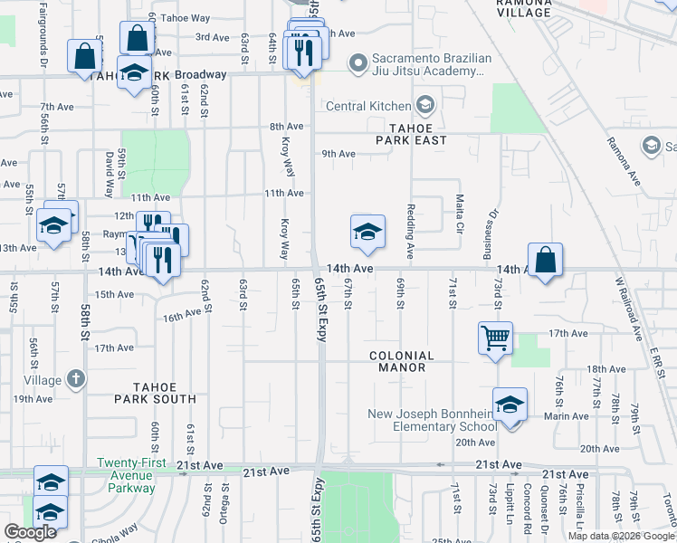 map of restaurants, bars, coffee shops, grocery stores, and more near 6652 14th Avenue in Sacramento
