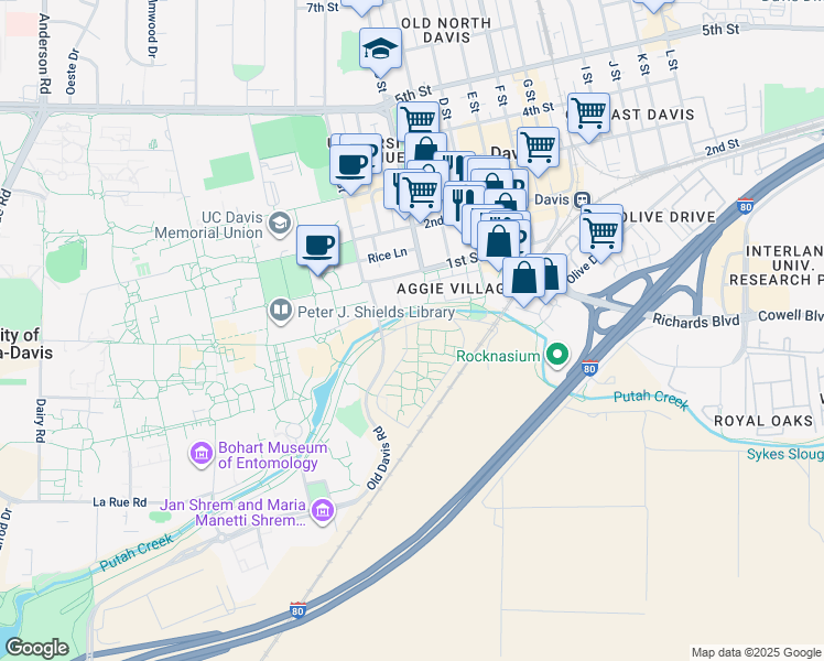 map of restaurants, bars, coffee shops, grocery stores, and more near 3900 Solano Park in Davis