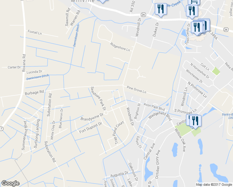 map of restaurants, bars, coffee shops, grocery stores, and more near 33298 Lone Cedar Landing in Millville
