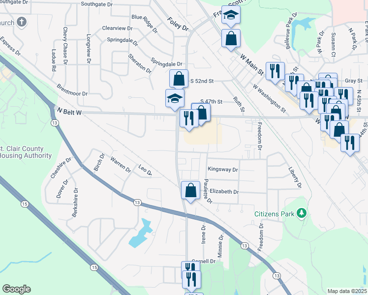 map of restaurants, bars, coffee shops, grocery stores, and more near 5859 Memory Lane in Belleville