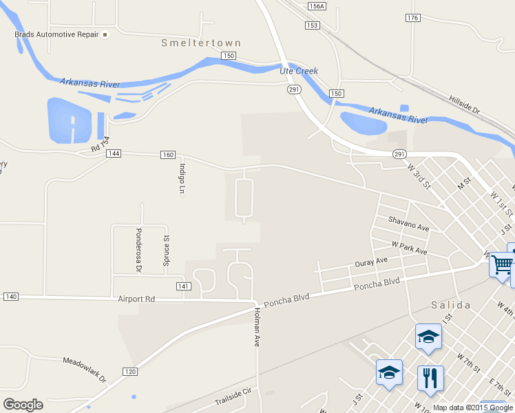 map of restaurants, bars, coffee shops, grocery stores, and more near 312 Cottonwood Cir in Salida