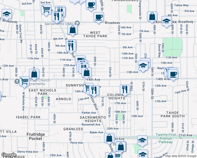 map of restaurants, bars, coffee shops, grocery stores, and more near 5009 14th Avenue in Sacramento