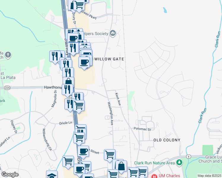 map of restaurants, bars, coffee shops, grocery stores, and more near 300 Harford Street in La Plata