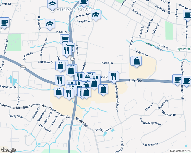 map of restaurants, bars, coffee shops, grocery stores, and more near 1013 Caroline Drive in Washington