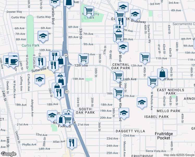 map of restaurants, bars, coffee shops, grocery stores, and more near 3857 35th Street in Sacramento