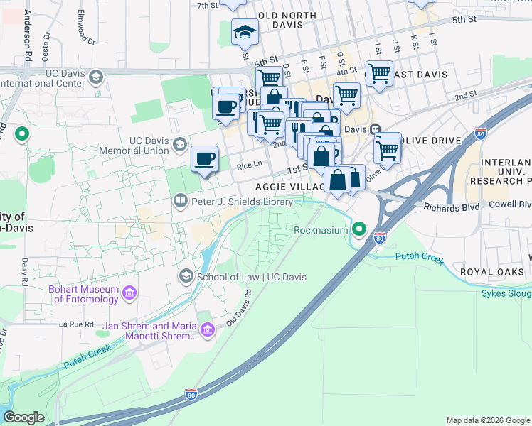 map of restaurants, bars, coffee shops, grocery stores, and more near 4400 Solano Park in Davis