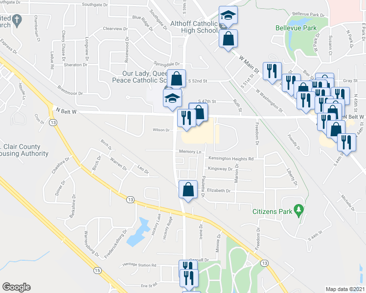 map of restaurants, bars, coffee shops, grocery stores, and more near 5859 Memory Lane in Belleville