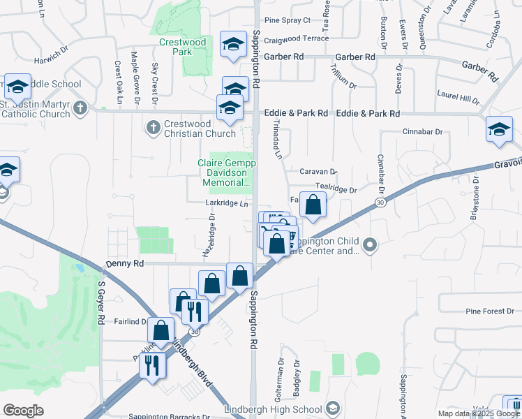 map of restaurants, bars, coffee shops, grocery stores, and more near 9254 Sappington Road in Sappington