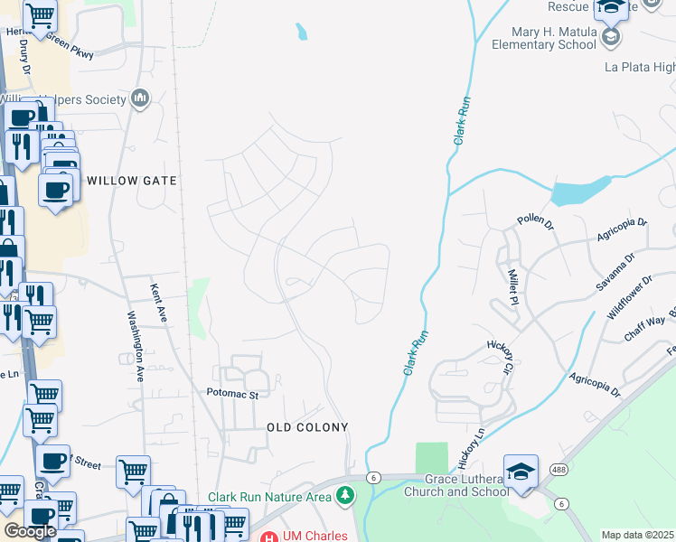 map of restaurants, bars, coffee shops, grocery stores, and more near 454 Mossy Grove Lane in La Plata