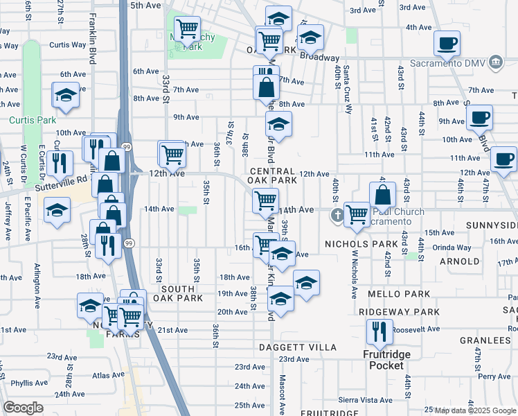 map of restaurants, bars, coffee shops, grocery stores, and more near 3829 14th Avenue in Sacramento