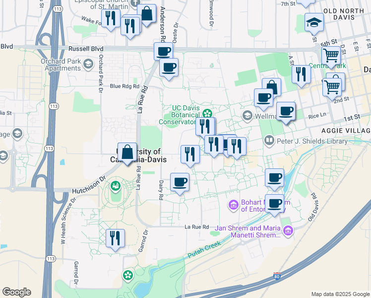 map of restaurants, bars, coffee shops, grocery stores, and more near 605 Hutchison Drive in Davis