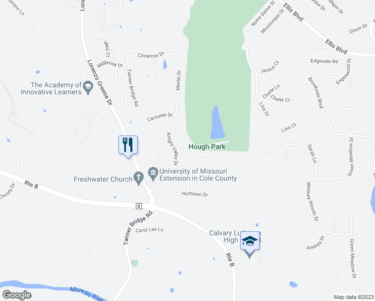 map of restaurants, bars, coffee shops, grocery stores, and more near 1203 Field Haven Drive in Jefferson City