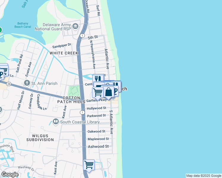 map of restaurants, bars, coffee shops, grocery stores, and more near in Bethany Beach
