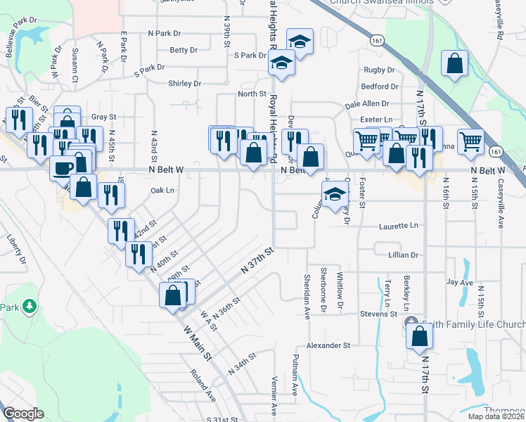 map of restaurants, bars, coffee shops, grocery stores, and more near 3704 Little Flower Lane in Belleville