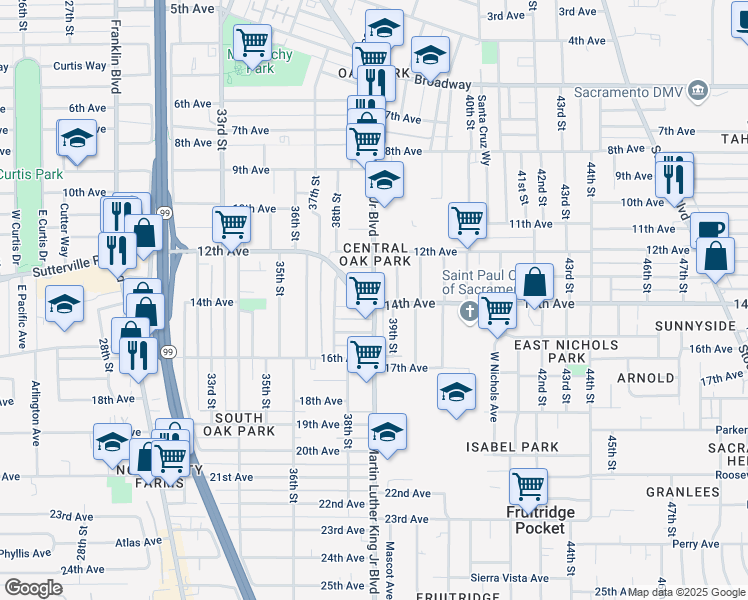 map of restaurants, bars, coffee shops, grocery stores, and more near 14th Ave & Martin Luther King Jr Blvd in Sacramento