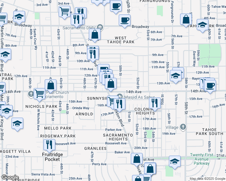 map of restaurants, bars, coffee shops, grocery stores, and more near 4903 14th Avenue in Sacramento