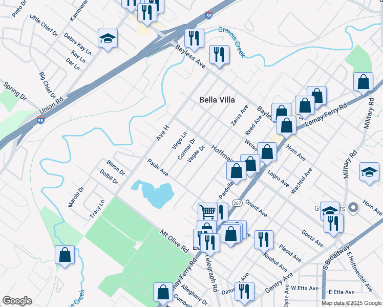 map of restaurants, bars, coffee shops, grocery stores, and more near 837 Vegas Drive in St. Louis