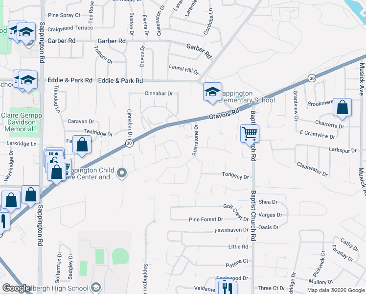 map of restaurants, bars, coffee shops, grocery stores, and more near 9824 Vera Cruz Drive in Sappington