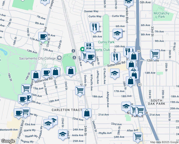 map of restaurants, bars, coffee shops, grocery stores, and more near 3719 West Pacific Avenue in Sacramento