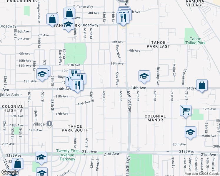 map of restaurants, bars, coffee shops, grocery stores, and more near 6410 14th Avenue in Sacramento