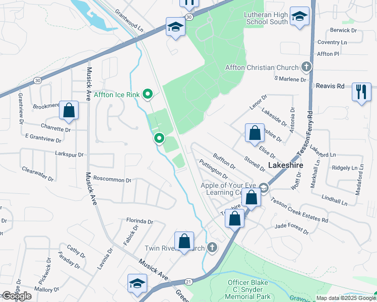 map of restaurants, bars, coffee shops, grocery stores, and more near 10242 Squire Meadows Drive in St. Louis