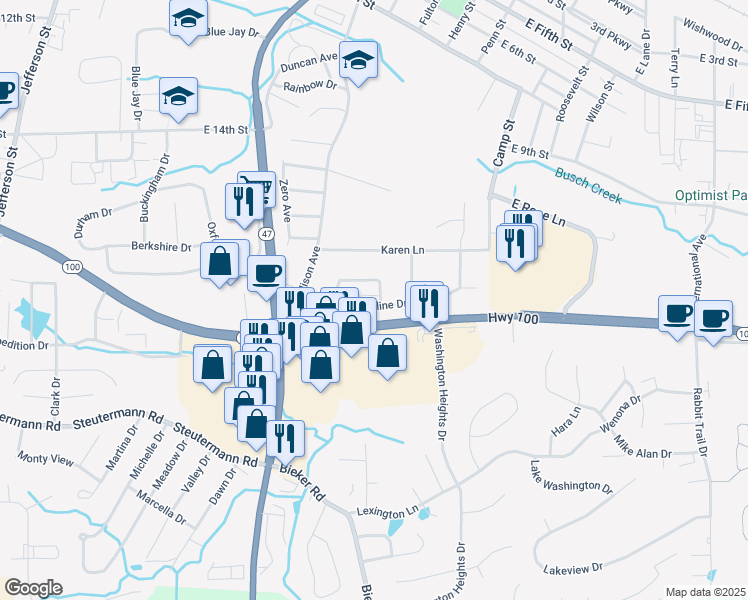 map of restaurants, bars, coffee shops, grocery stores, and more near 1013 Caroline Drive in Washington