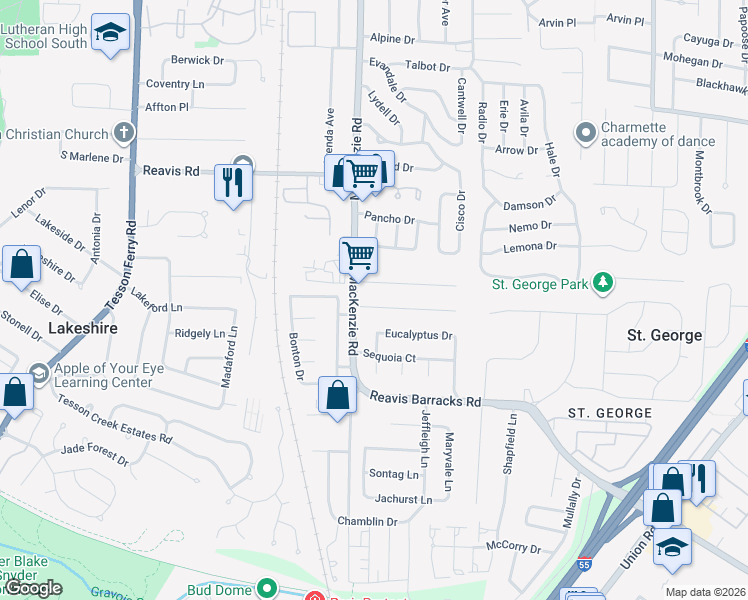 map of restaurants, bars, coffee shops, grocery stores, and more near 9535 Koerber Lane in Affton