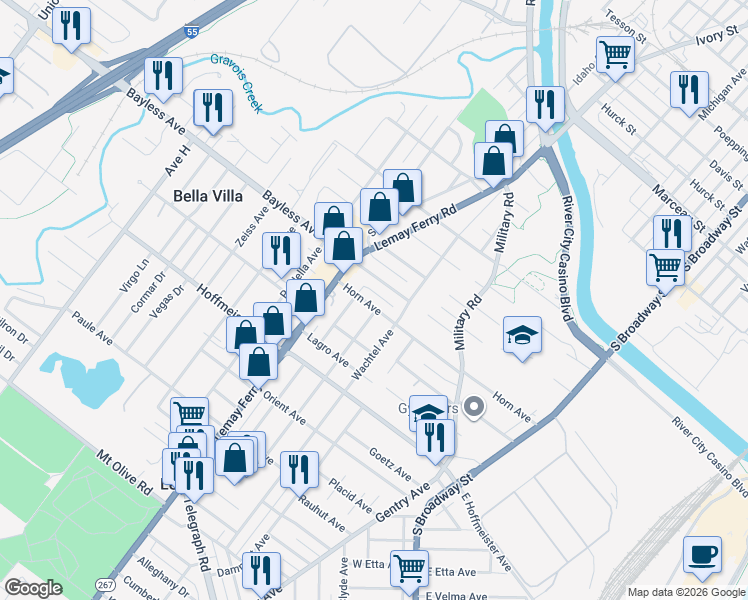 map of restaurants, bars, coffee shops, grocery stores, and more near 705 Horn Avenue in St. Louis