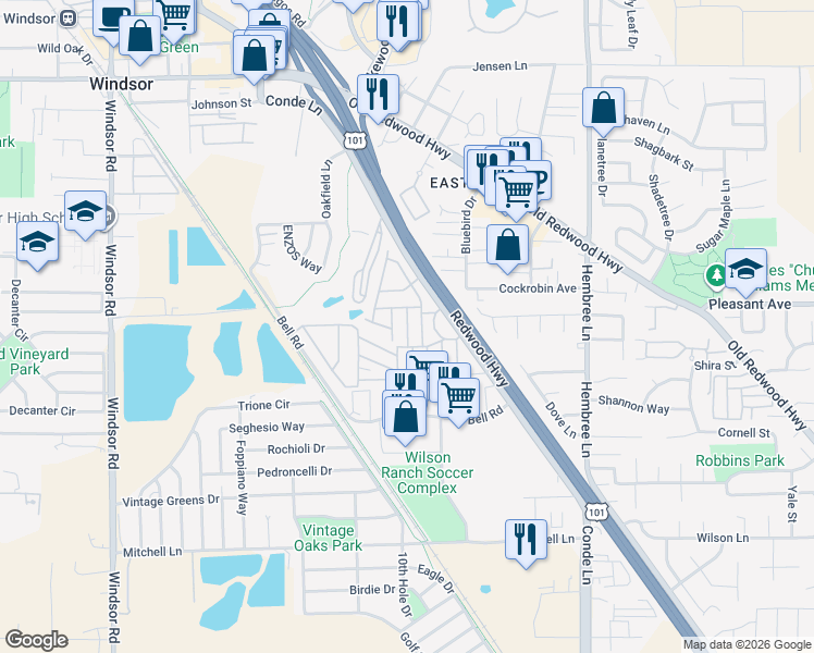 map of restaurants, bars, coffee shops, grocery stores, and more near 8155-8179 Birch St in Windsor