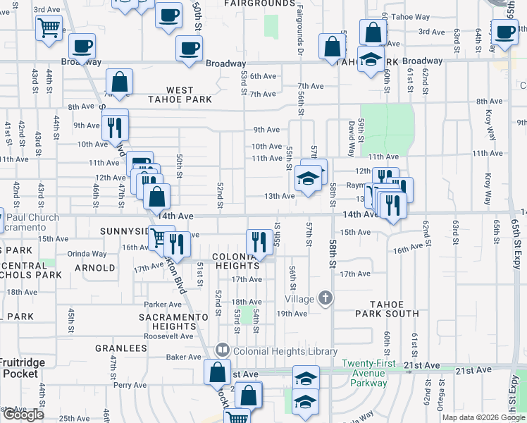 map of restaurants, bars, coffee shops, grocery stores, and more near 5349 14th Avenue in Sacramento