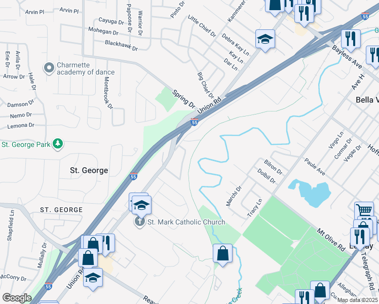 map of restaurants, bars, coffee shops, grocery stores, and more near 1446 Friar Tuck Lane in St. Louis