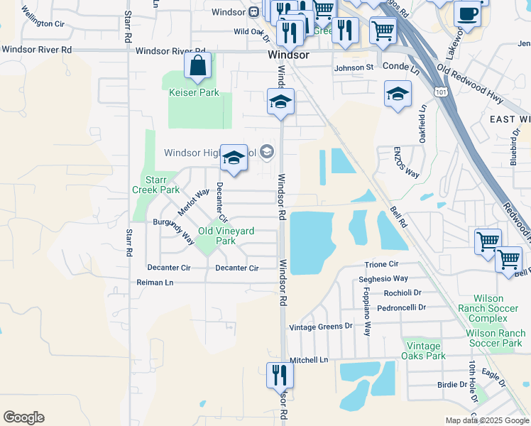 map of restaurants, bars, coffee shops, grocery stores, and more near 326 Winemaker Way in Windsor