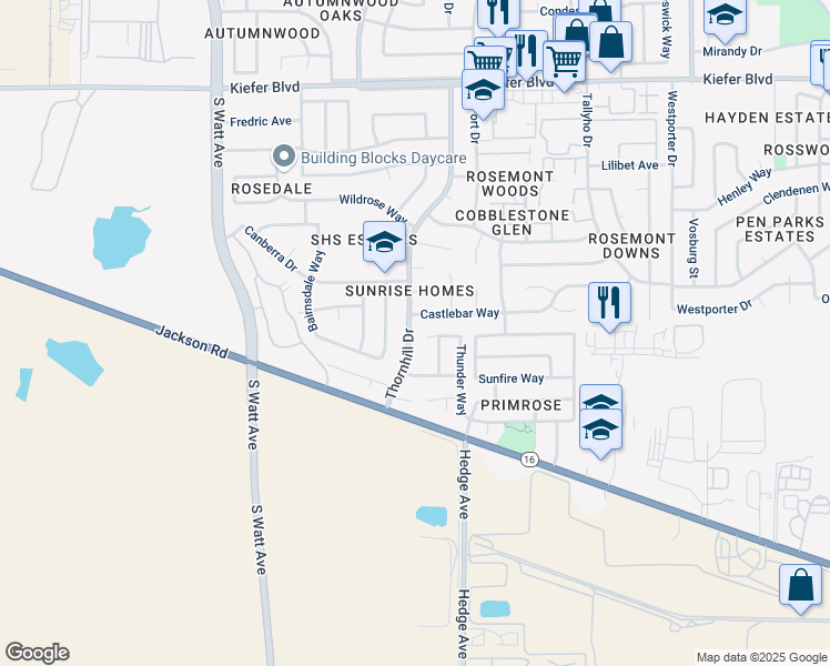 map of restaurants, bars, coffee shops, grocery stores, and more near 4108 Thornhill Drive in Sacramento