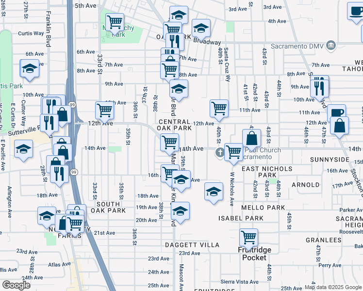 map of restaurants, bars, coffee shops, grocery stores, and more near 3883 14th Avenue in Sacramento