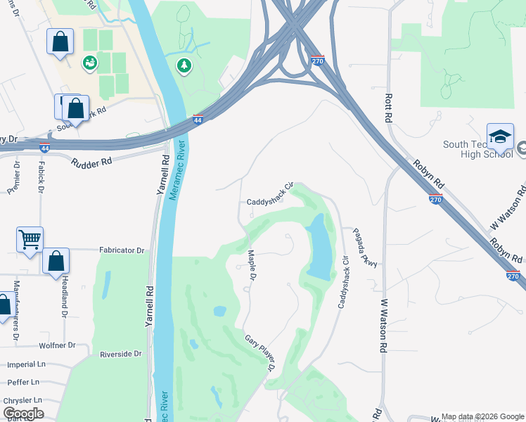 map of restaurants, bars, coffee shops, grocery stores, and more near 9213 Caddyshack Circle in St. Louis