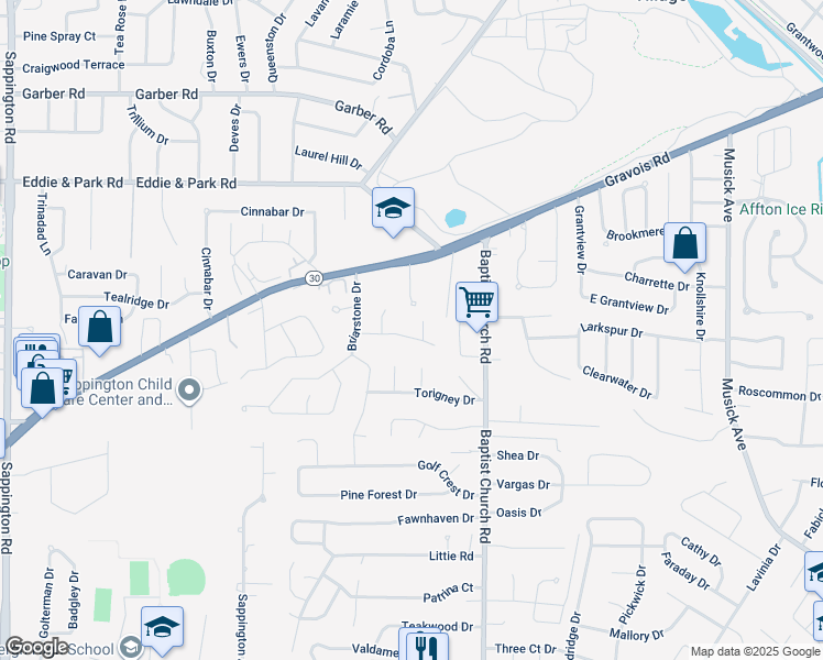 map of restaurants, bars, coffee shops, grocery stores, and more near 11047 Wylestone Court in Sappington