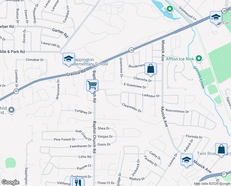 map of restaurants, bars, coffee shops, grocery stores, and more near 10905 Larkspur Drive in St. Louis