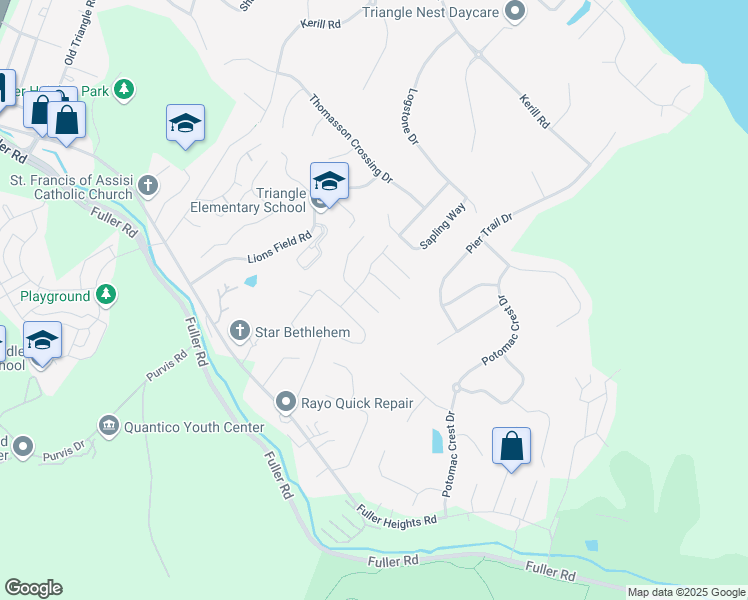 map of restaurants, bars, coffee shops, grocery stores, and more near 19005 Red Oak Lane in Triangle