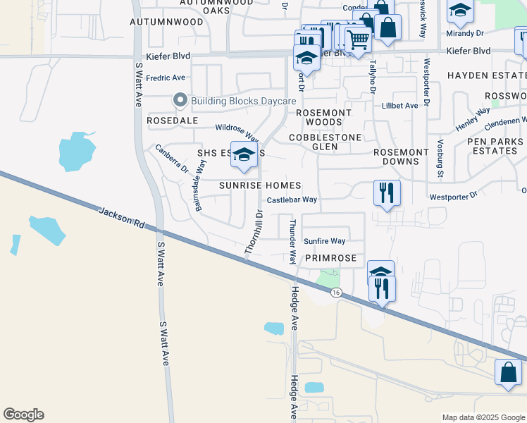 map of restaurants, bars, coffee shops, grocery stores, and more near 4108 Thornhill Drive in Sacramento