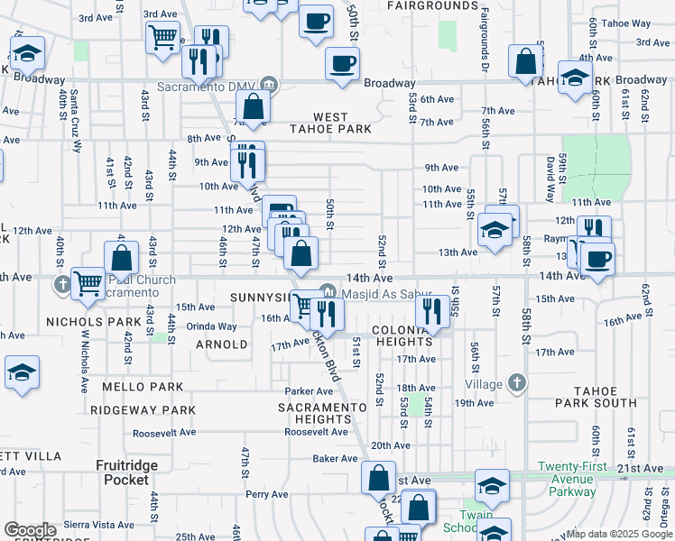 map of restaurants, bars, coffee shops, grocery stores, and more near 5009 14th Avenue in Sacramento