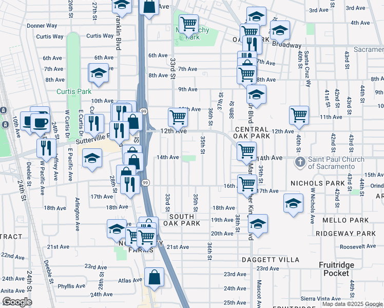 map of restaurants, bars, coffee shops, grocery stores, and more near 3901 34th Street in Sacramento
