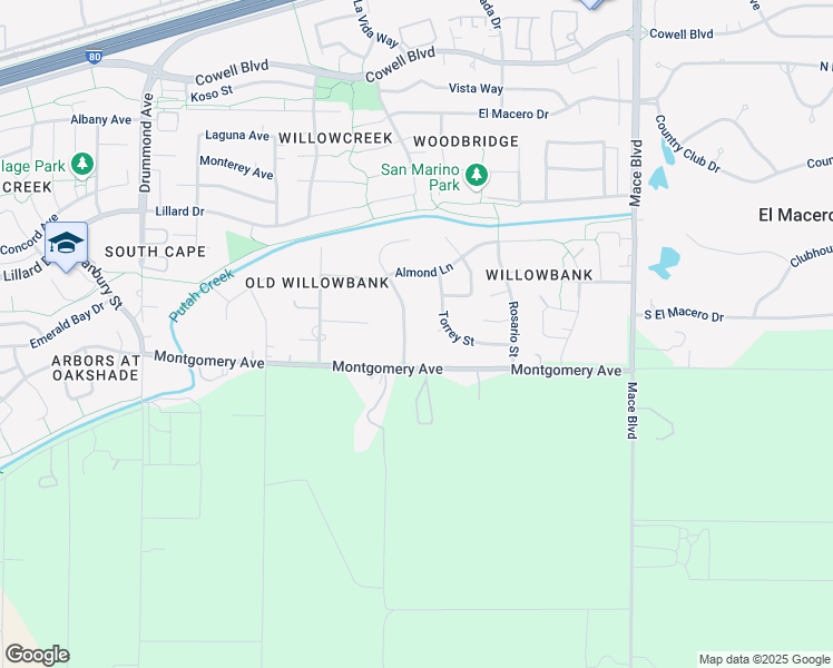 map of restaurants, bars, coffee shops, grocery stores, and more near 4000 Nandina Place in Davis