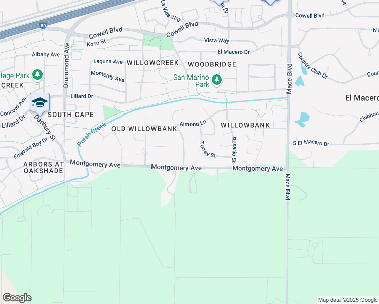 map of restaurants, bars, coffee shops, grocery stores, and more near 4000 Nandina Place in Davis