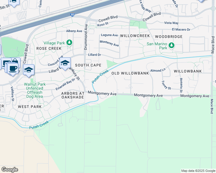 map of restaurants, bars, coffee shops, grocery stores, and more near 43115 West Oakside Place in Davis