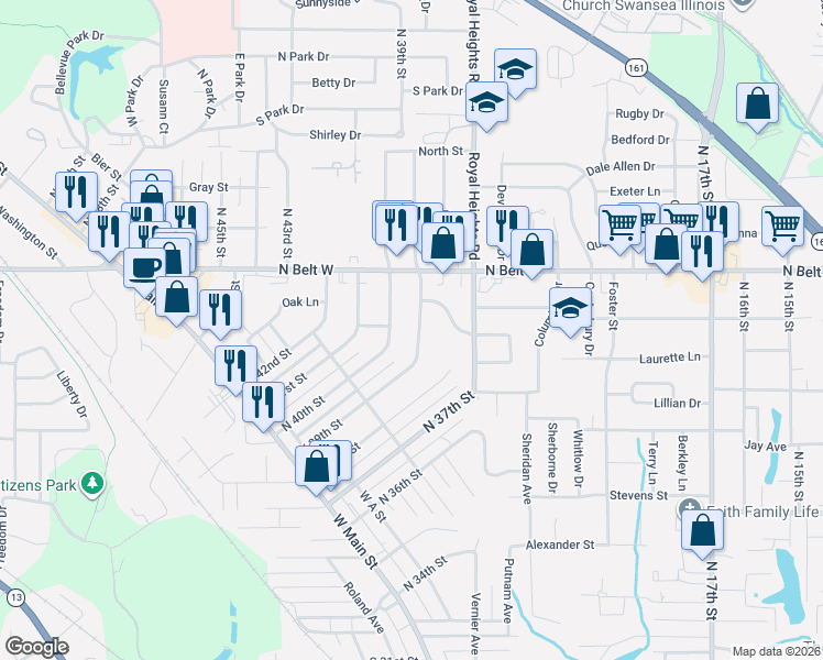 map of restaurants, bars, coffee shops, grocery stores, and more near 437 North 39th Street in Belleville